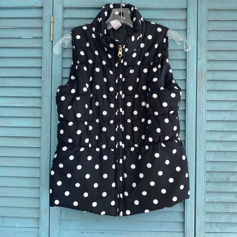 Circo Girls Zip Up Puffer Vest ~ Sz L ~ Black with White Dots ~ Sleeveless